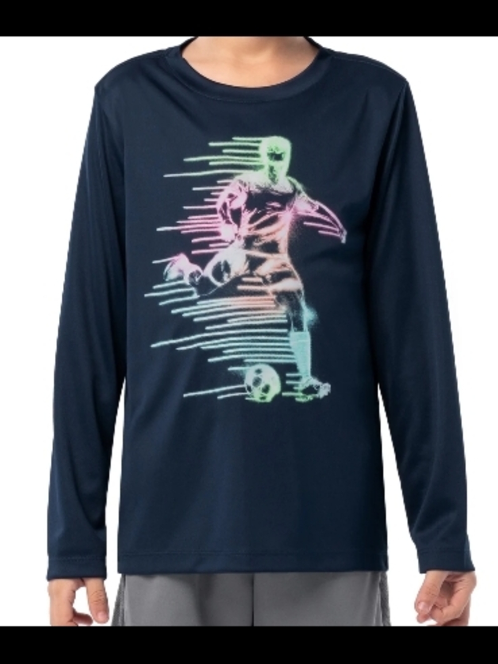 Athletic Works Navy Long Sleeve Tee with Neon Gradient Soccer Player